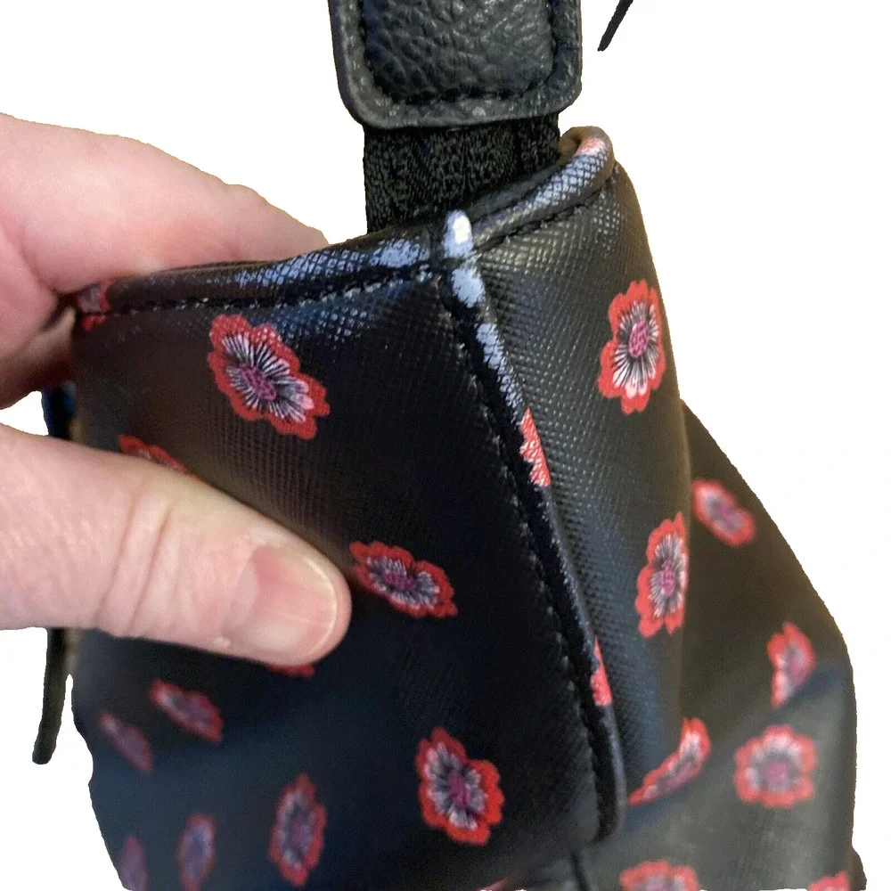 Nine West Large Tote Bag Purse Black w/ Red Pink Floral Geo Faux Leather Zip Top